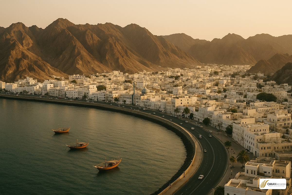 ساحل مسقط على بحر عُمان وجبال الحجر ترتفع خلف كورنيش مطرح