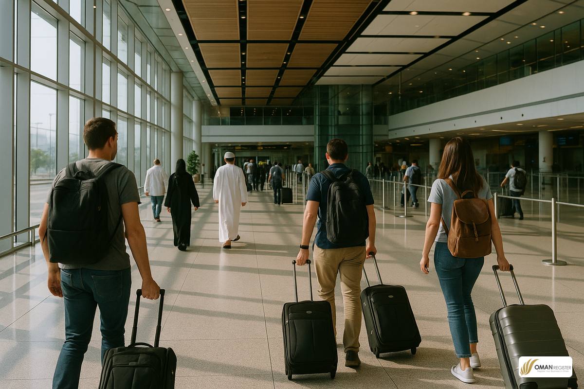 مسافرون يعبرون صالة الوصول في مطار مسقط الدولي في عُمان