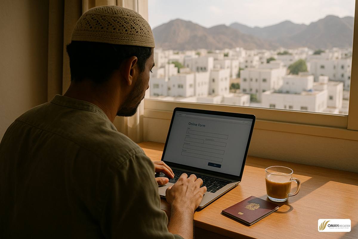 شخص يتقدم بطلب تأشيرة إلكترونية لعُمان عبر حاسوب محمول وجواز سفر على المكتب