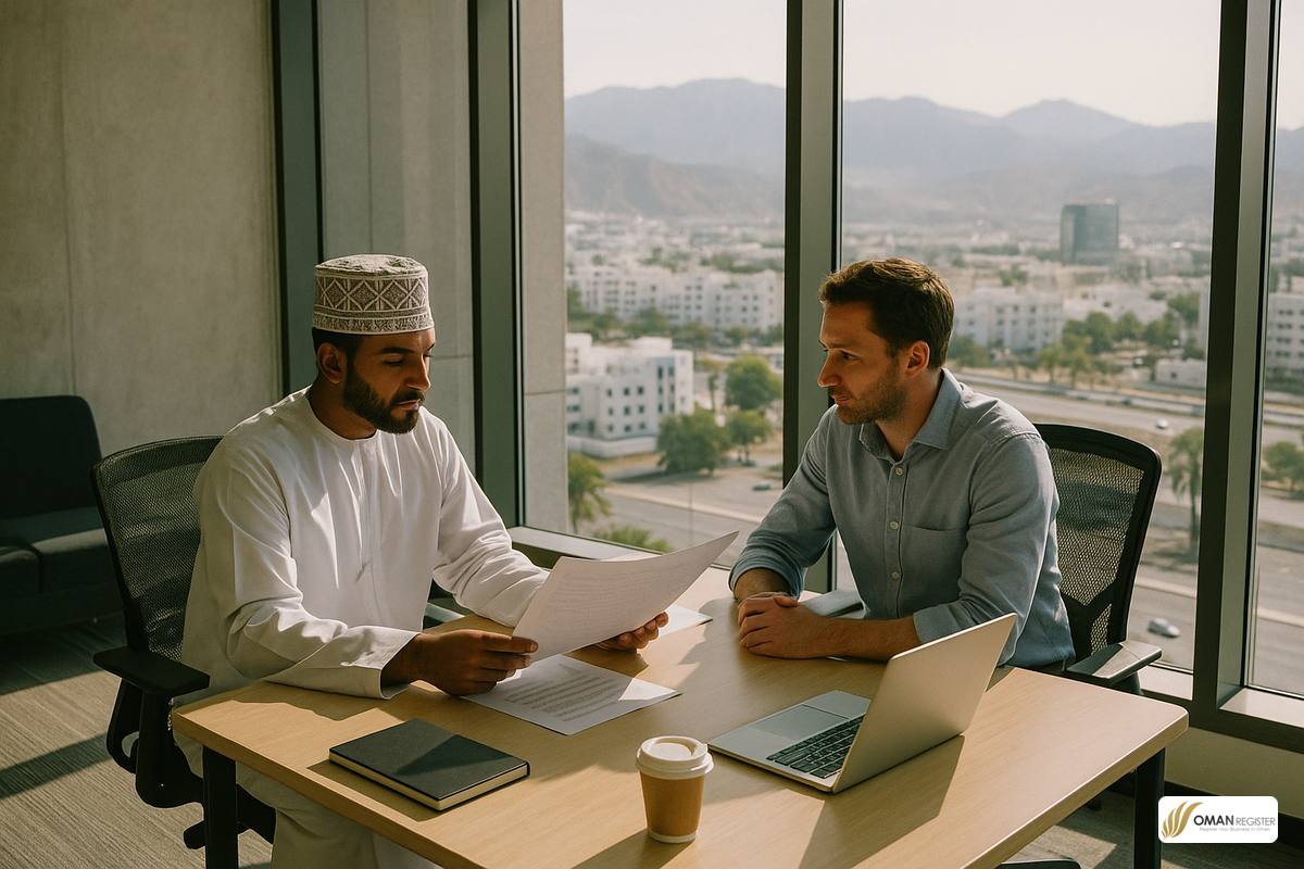 رائد أعمال أجنبي يلتقي مستشارًا عُمانيًا في مكتب بمسقط للتخطيط لتأسيس الشركة والتأشيرات